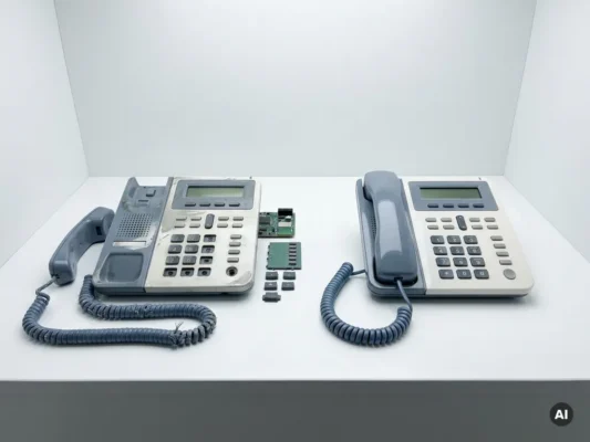 Versleten zakelijke bureautelefoon naast gerestaureerd identiek model op wit oppervlak, grijs en wit met leisteenblauw accent.