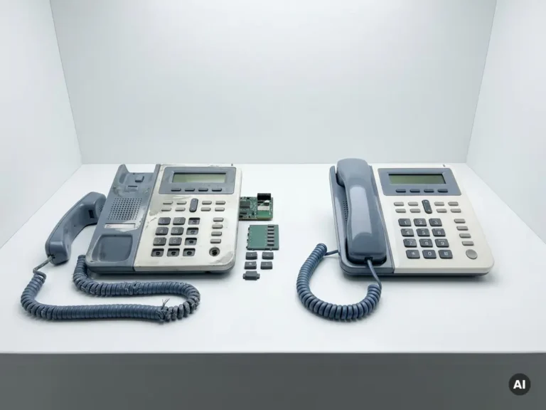 Versleten zakelijke bureautelefoon naast gerestaureerd identiek model op wit oppervlak, grijs en wit met leisteenblauw accent.