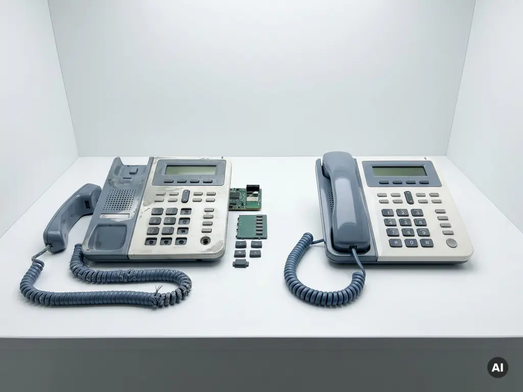 Versleten zakelijke bureautelefoon naast gerestaureerd identiek model op wit oppervlak, grijs en wit met leisteenblauw accent.