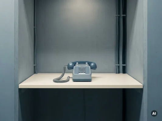 Gerefurbishde bureautelefoon met spiraalnoer in een witte serverruimtenis met betonnen wanden en minimalistische kabelgoten.