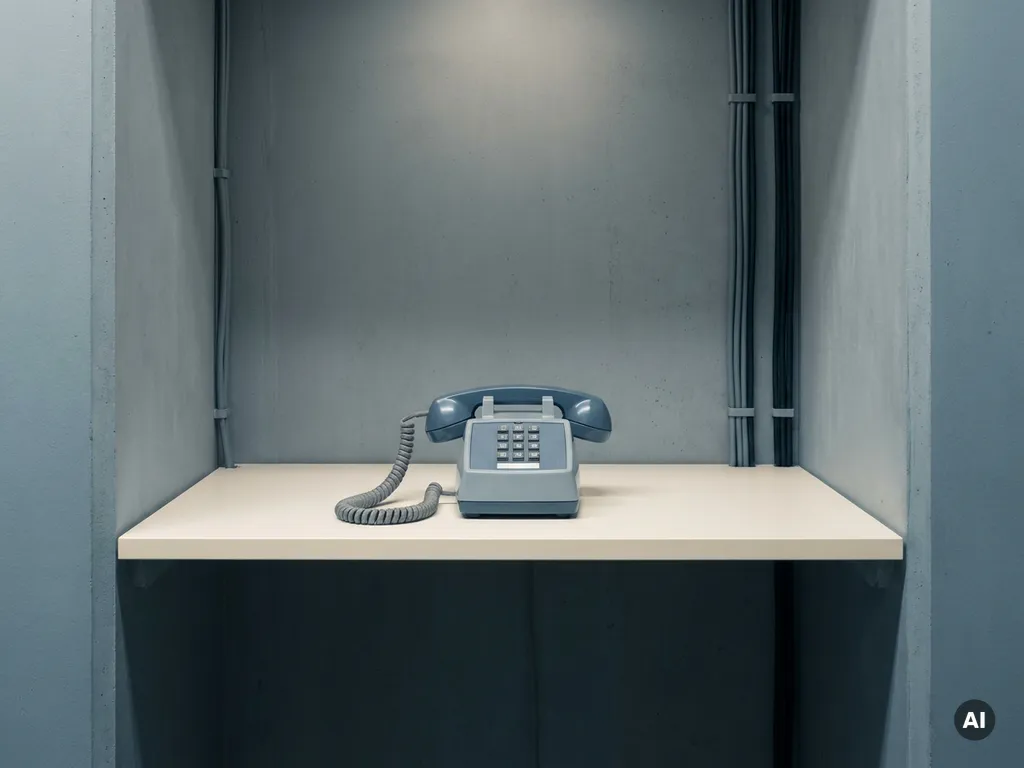 Gerefurbishde bureautelefoon met spiraalnoer in een witte serverruimtenis met betonnen wanden en minimalistische kabelgoten.