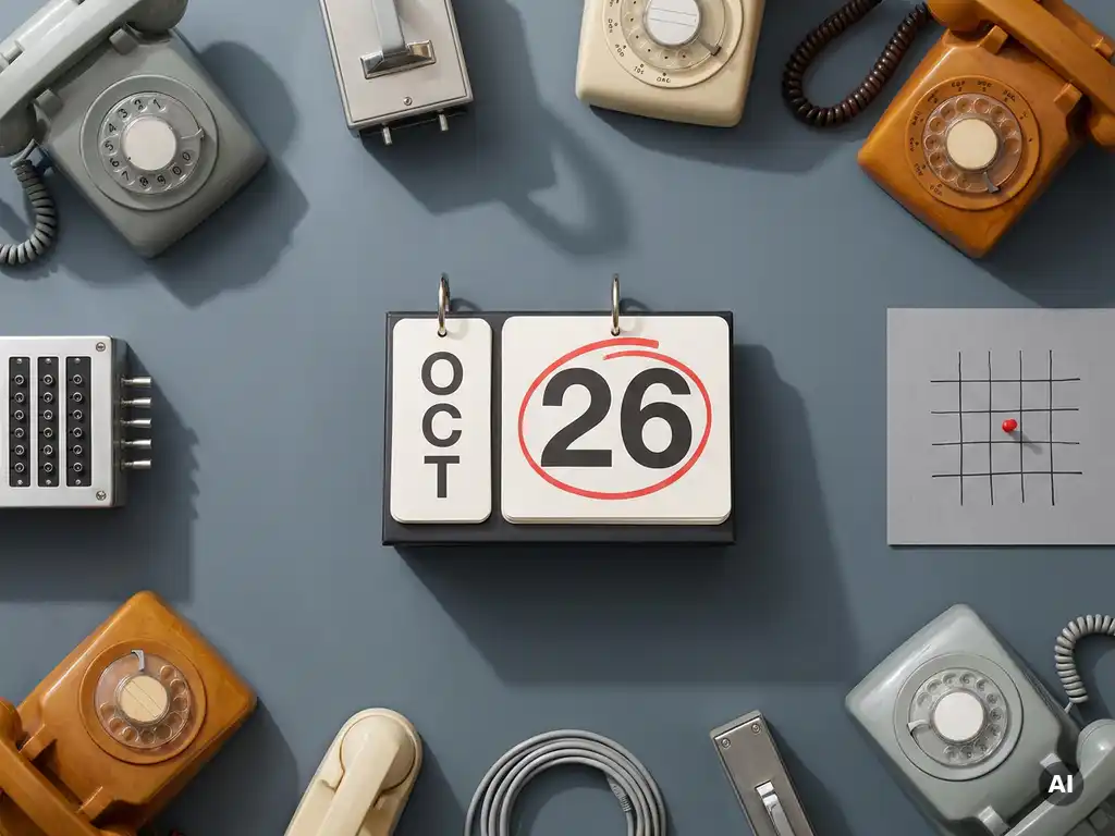 Vintage bureaukalender met gemarkeerde deadline omringd door gereviseerde kantoortelefoons en telecomapparatuur, rode pin op planningsgrid.