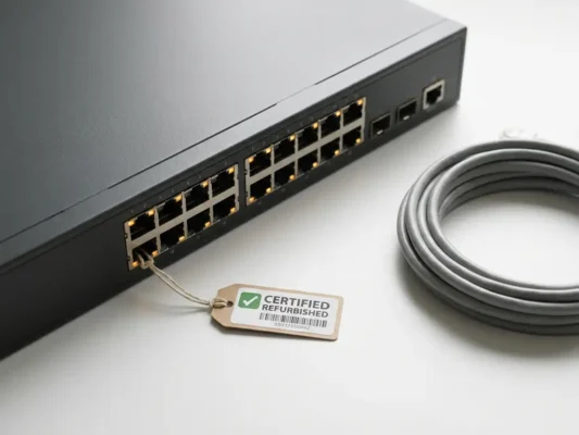 Gecertificeerde refurbished netwerkswitch met poortlabels en statuslampjes naast opgerolde ethernetkabel en kwaliteitsinspectietag.