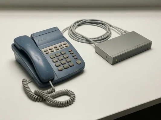 Gerenoveerde bureautelefoon verbonden met een moderne netwerkswitch via ethernetkabels, met een oranje indicatielampje op wit oppervlak.