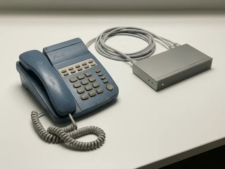 Gerenoveerde bureautelefoon verbonden met een moderne netwerkswitch via ethernetkabels, met een oranje indicatielampje op wit oppervlak.