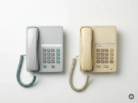 Gerefurbishde kantoortelefoon naast verouderd exemplaar op wit oppervlak, één glanzend en één stoffig, minimalistische flatlay.