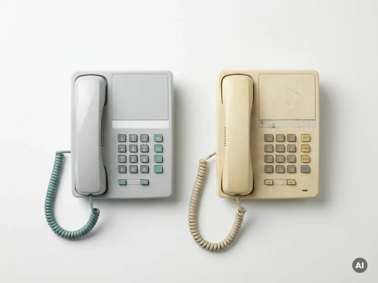 Gerefurbishde kantoortelefoon naast verouderd exemplaar op wit oppervlak, één glanzend en één stoffig, minimalistische flatlay.