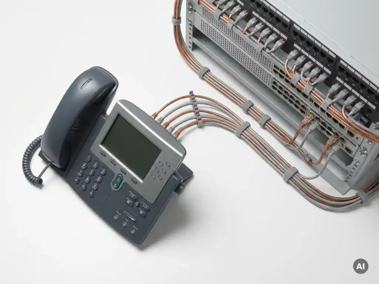 Gepolijste refurbished bureautelefoon met geordende ethernetkabels op een serverrek, bovenaanzicht met zachte studiobelichting.