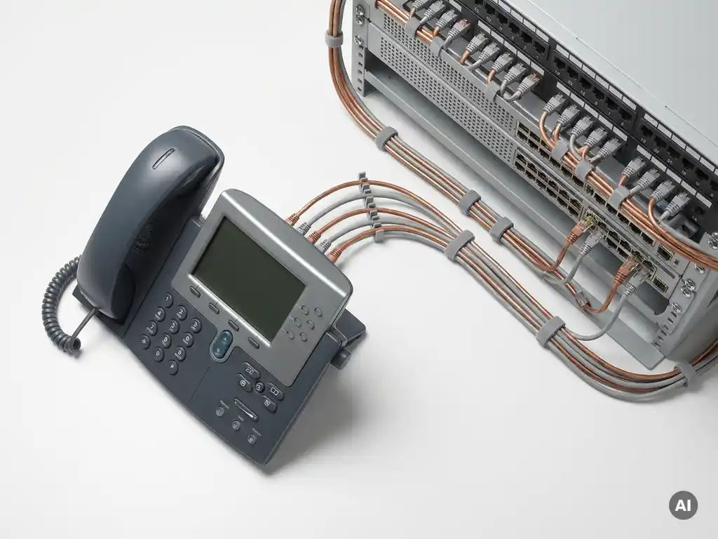Gepolijste refurbished bureautelefoon met geordende ethernetkabels op een serverrek, bovenaanzicht met zachte studiobelichting.