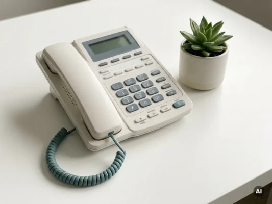 Opgeknapte kantoortelefoon op wit oppervlak naast kleine groene plant, kostenbesparende duurzaamheid voor het mkb.