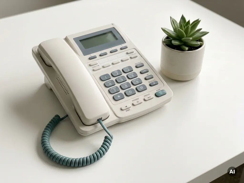 Opgeknapte kantoortelefoon op wit oppervlak naast kleine groene plant, kostenbesparende duurzaamheid voor het mkb.