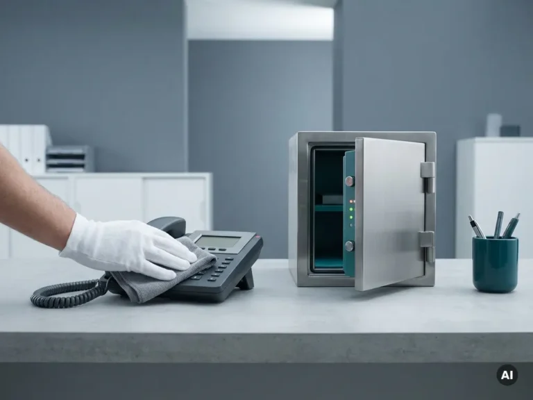 Gehandschoende hand die een gereviseerde bureautelefoon schoonmaakt naast een gedeeltelijk geopende metalen datakluis.