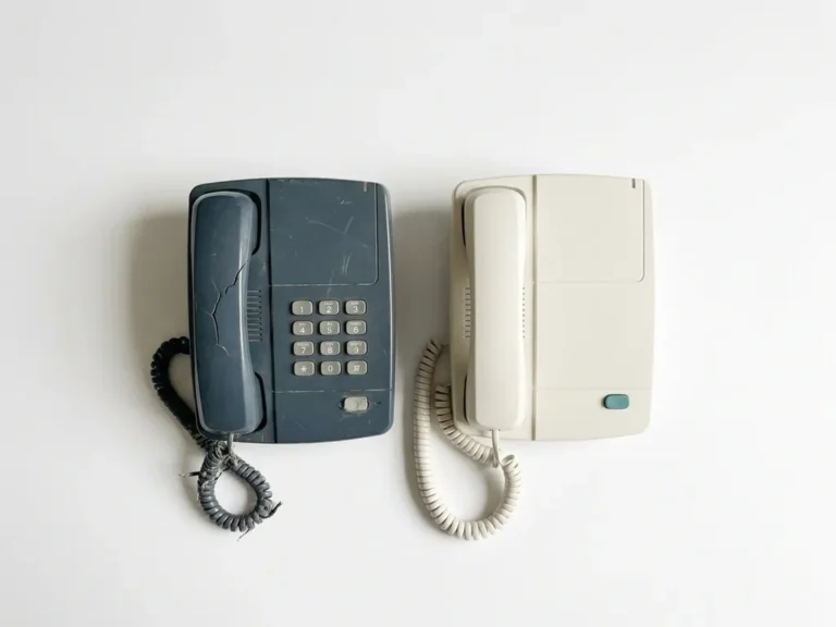 Versleten kantoortelefoon met gebarsten behuizing naast een gereviseerd vervangingstoestel op wit oppervlak.