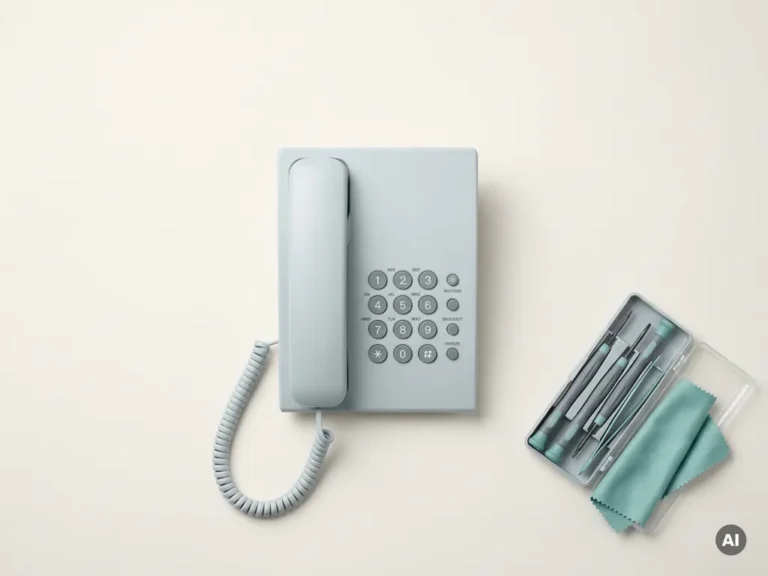 Opgeknapte bureautelefoon op wit oppervlak naast precisie schroevendraaiers en gevouwen microvezeldoek, minimale flatlay compositie.