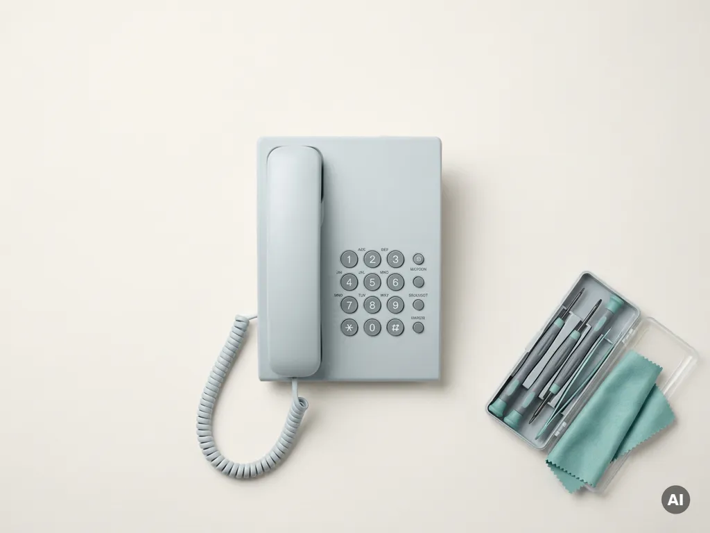 Opgeknapte bureautelefoon op wit oppervlak naast precisie schroevendraaiers en gevouwen microvezeldoek, minimale flatlay compositie.