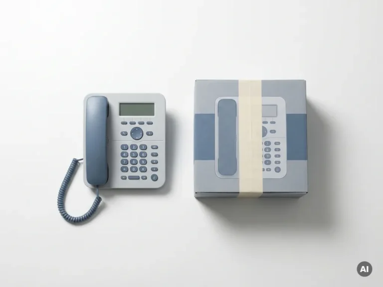 Opgeknapte kantoortelefoon naast identiek nieuw-in-doos model op wit oppervlak, bovenaanzicht met studiobelichting.