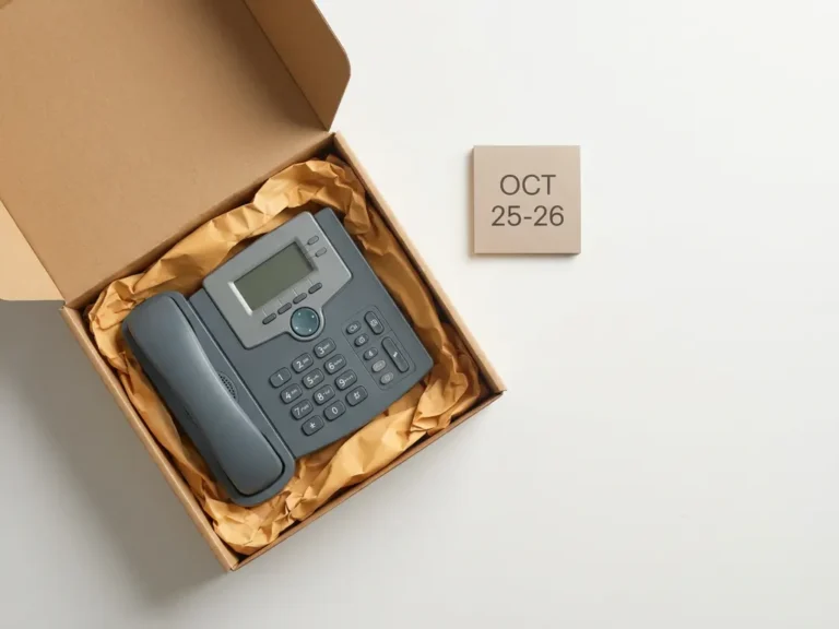 Gereviseerde kantoortelefoon in open kartonnen verzenddoos met beschermverpakking en kleine kalender op wit oppervlak.