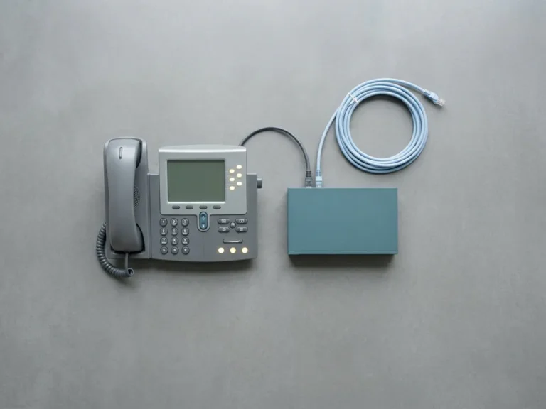 Gerestaureerde bureautelefoon verbonden met een netwerkswitch via een ethernetkabel op betonnen ondergrond, met een opgerolde patchkabel ernaast.