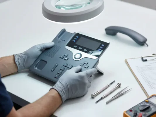 Technicus in handschoenen inspecteert gereviseerde kantoortelefoon op werkbank met gereedschap en kwaliteitschecklist.