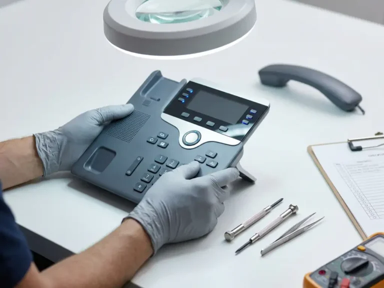 Technicus in handschoenen inspecteert gereviseerde kantoortelefoon op werkbank met gereedschap en kwaliteitschecklist.