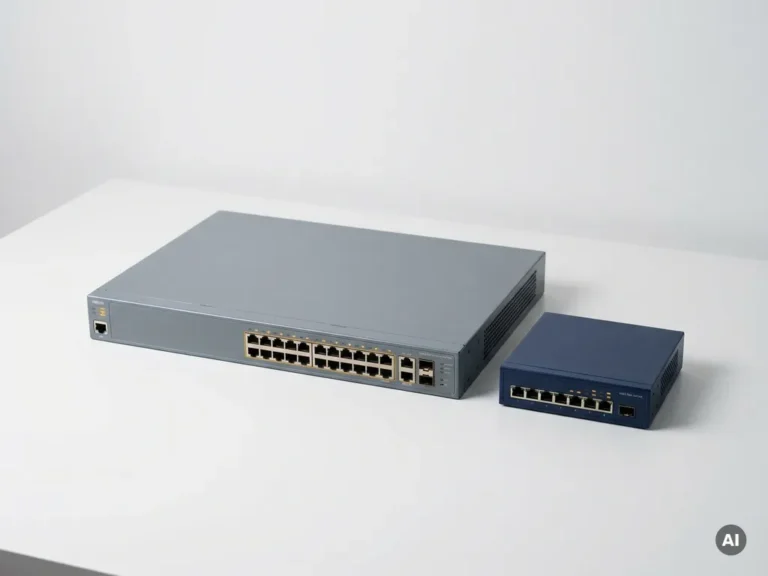 Gerefurbishte core switch naast kleinere edge switch op wit oppervlak, gefotografeerd in grijze en marineblauw tinten.
