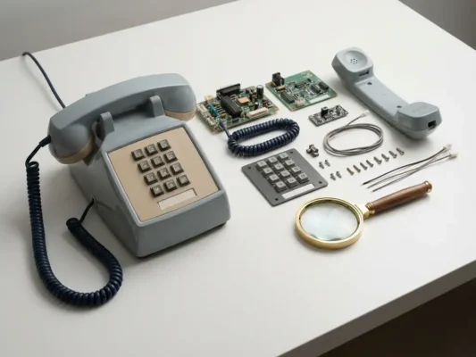 Gerefurbishde kantoortelefoon naast uiteen gehaalde onderdelen op wit oppervlak, met vergrootglas, minimalistische compositie.