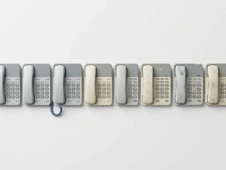Rij gelijkende gereviseerde kantoortelefoons op wit oppervlak, variërend van onberispelijk tot licht versleten, in minimalistische compositie.