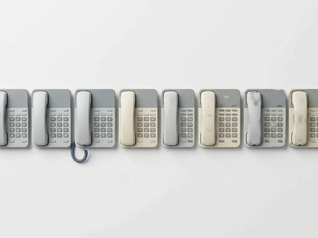 Rij gelijkende gereviseerde kantoortelefoons op wit oppervlak, variërend van onberispelijk tot licht versleten, in minimalistische compositie.