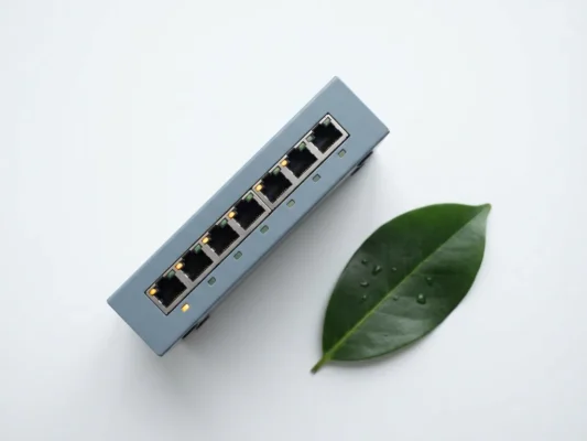 Gerefurbishte netwerkswitch met schone poorten en indicatielampjes op wit oppervlak naast een groen blad, minimalistisch bovenaanzicht.