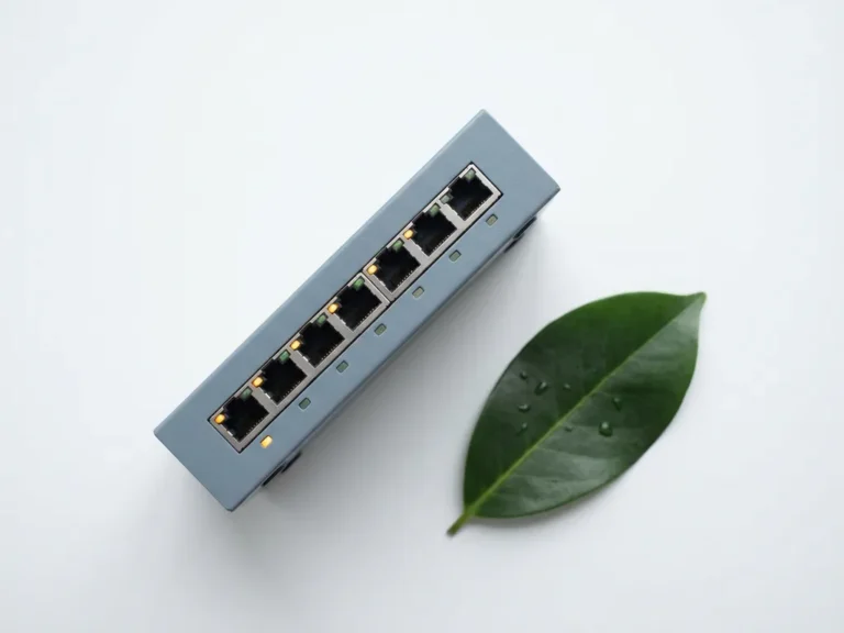 Gerefurbishte netwerkswitch met schone poorten en indicatielampjes op wit oppervlak naast een groen blad, minimalistisch bovenaanzicht.