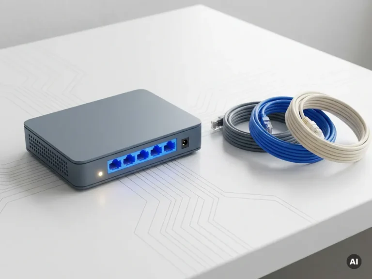 Gerefurbishte netwerkrouter met zichtbare poorten naast netjes opgerolde ethernetkabels op wit oppervlak.