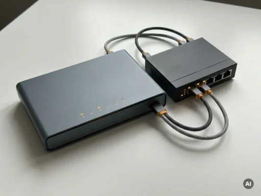 Gereviseerde router en netwerkswitch naast elkaar op wit oppervlak, verbonden met kabels, in leisteen en amber tinten.
