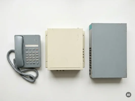 Drie gereviseerde telecomapparaten — bureautelefoon, PBX-unit en netwerkswitch — op wit oppervlak, gerangschikt op grootte.