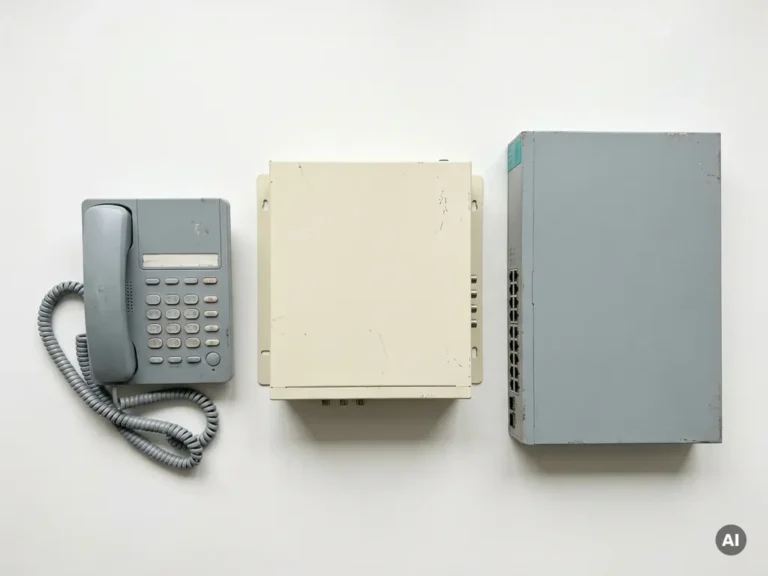 Drie gereviseerde telecomapparaten — bureautelefoon, PBX-unit en netwerkswitch — op wit oppervlak, gerangschikt op grootte.