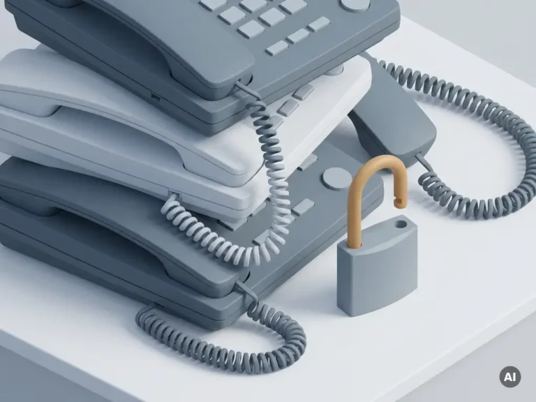 Stapel verouderde kantoortelefoons naast een open hangslot op wit oppervlak, symbool voor telecombeveiliging.