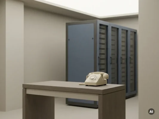 Verouderde kantoortelefoon op klein houten bureau met grote enterprise serverrack op de achtergrond.