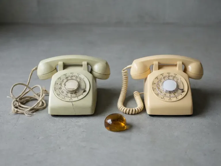 Vintage kantoortelefoon met gebarsten behuizing naast gerestaureerd identiek model op betonnen ondergrond.