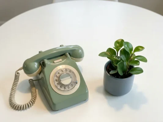 Gerestaureerde bureautelefoon naast een kleine groene plant op een wit oppervlak, minimalistische compositie in salie-groen en gebroken wit.