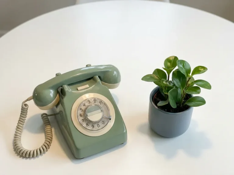 Gerestaureerde bureautelefoon naast een kleine groene plant op een wit oppervlak, minimalistische compositie in salie-groen en gebroken wit.