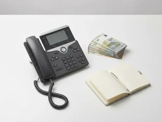 Opgeknapte zakelijke bureautelefoon naast gestapelde eurobiljetten en een open notitieboekje op wit bureau.