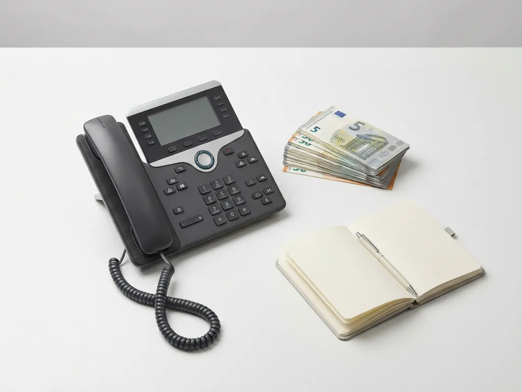 Opgeknapte zakelijke bureautelefoon naast gestapelde eurobiljetten en een open notitieboekje op wit bureau.