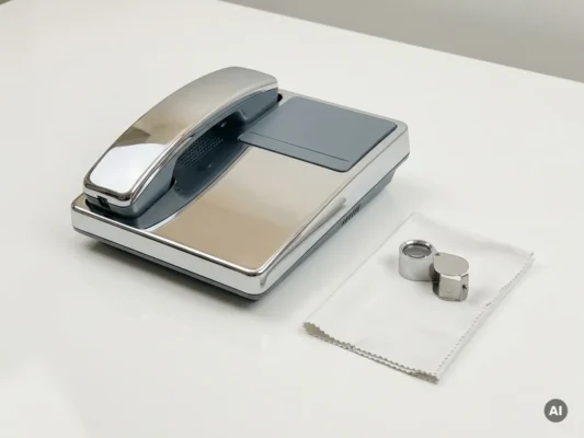 Gepolijste gereviseerde bureautelefoon op wit oppervlak naast inspectiegereedschap en zachte doek, minimalistische compositie.