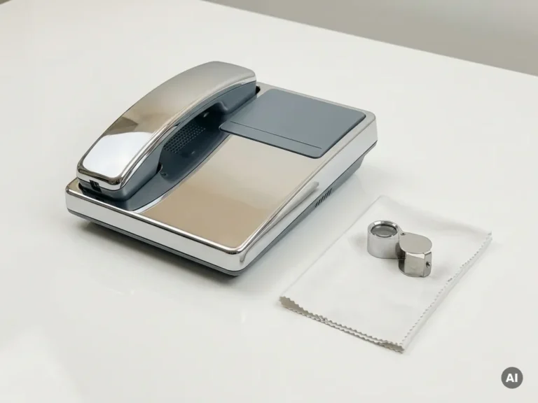 Gepolijste gereviseerde bureautelefoon op wit oppervlak naast inspectiegereedschap en zachte doek, minimalistische compositie.
