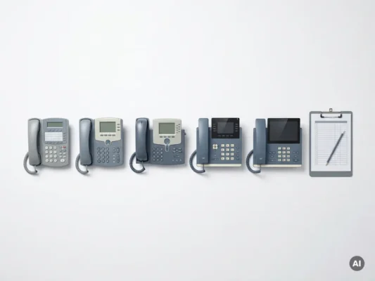 Rij gerenoveerde kantoortelefoons en telecomapparatuur gesorteerd op generatie, met een checklist klembord op wit oppervlak.