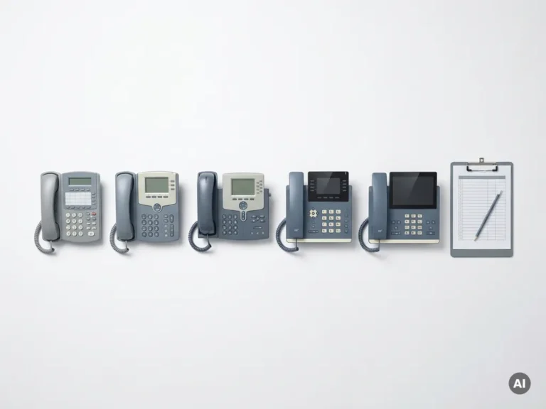 Rij gerenoveerde kantoortelefoons en telecomapparatuur gesorteerd op generatie, met een checklist klembord op wit oppervlak.