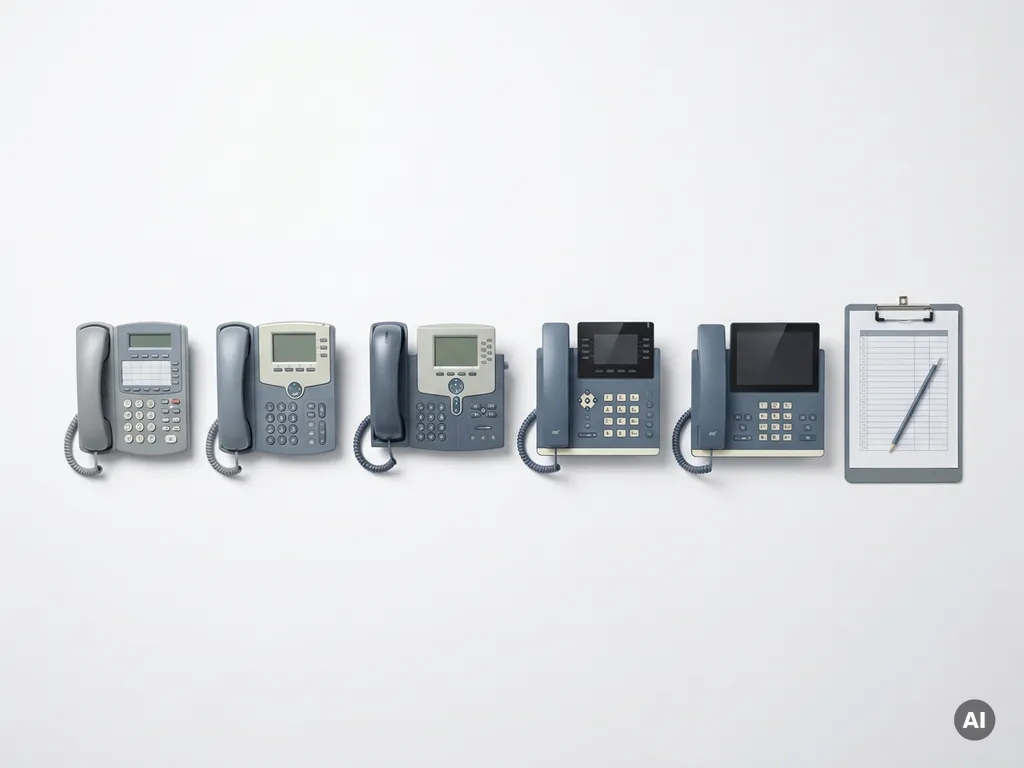 Rij gerenoveerde kantoortelefoons en telecomapparatuur gesorteerd op generatie, met een checklist klembord op wit oppervlak.