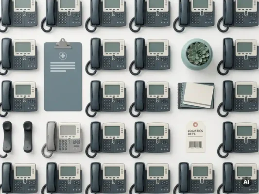 Gerefurbishte kantoortelefoons en telecomhandsets in een strakke flat-lay opstelling met klembord en magazijnlabel op wit oppervlak.