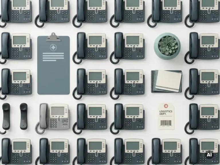 Gerefurbishte kantoortelefoons en telecomhandsets in een strakke flat-lay opstelling met klembord en magazijnlabel op wit oppervlak.