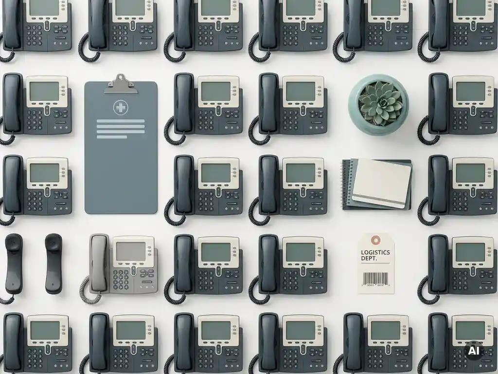 Gerefurbishte kantoortelefoons en telecomhandsets in een strakke flat-lay opstelling met klembord en magazijnlabel op wit oppervlak.