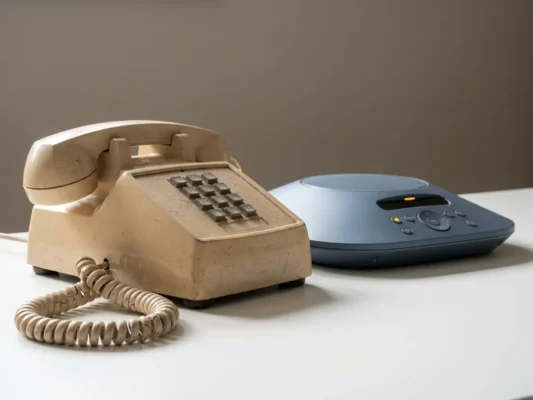 Verouderde kantoortelefoon met gebarsten snoer naast een gerefurbisht modern telecomapparaat op wit oppervlak.